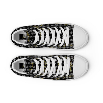 Black high-top canvas sneakers with monogram print, white toe caps, white rubber soles