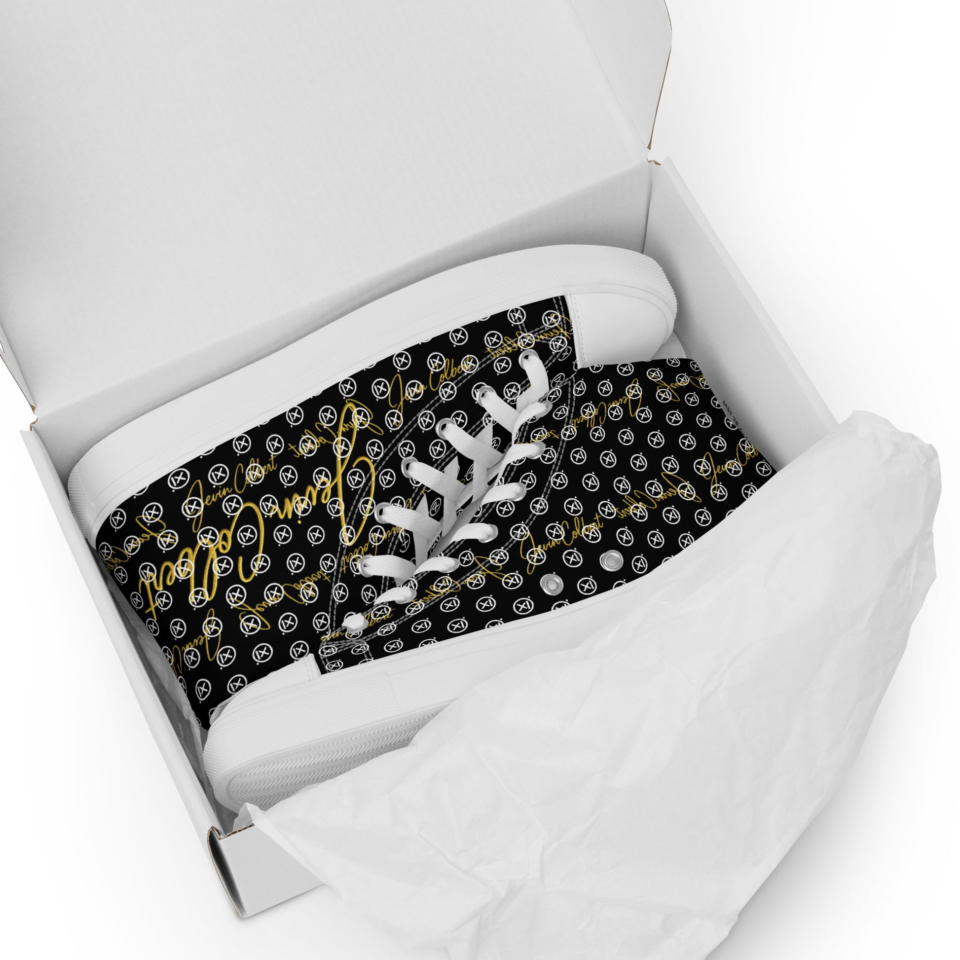 Black high-top sneaker pair in box, white laces, monogram canvas with white toe caps
