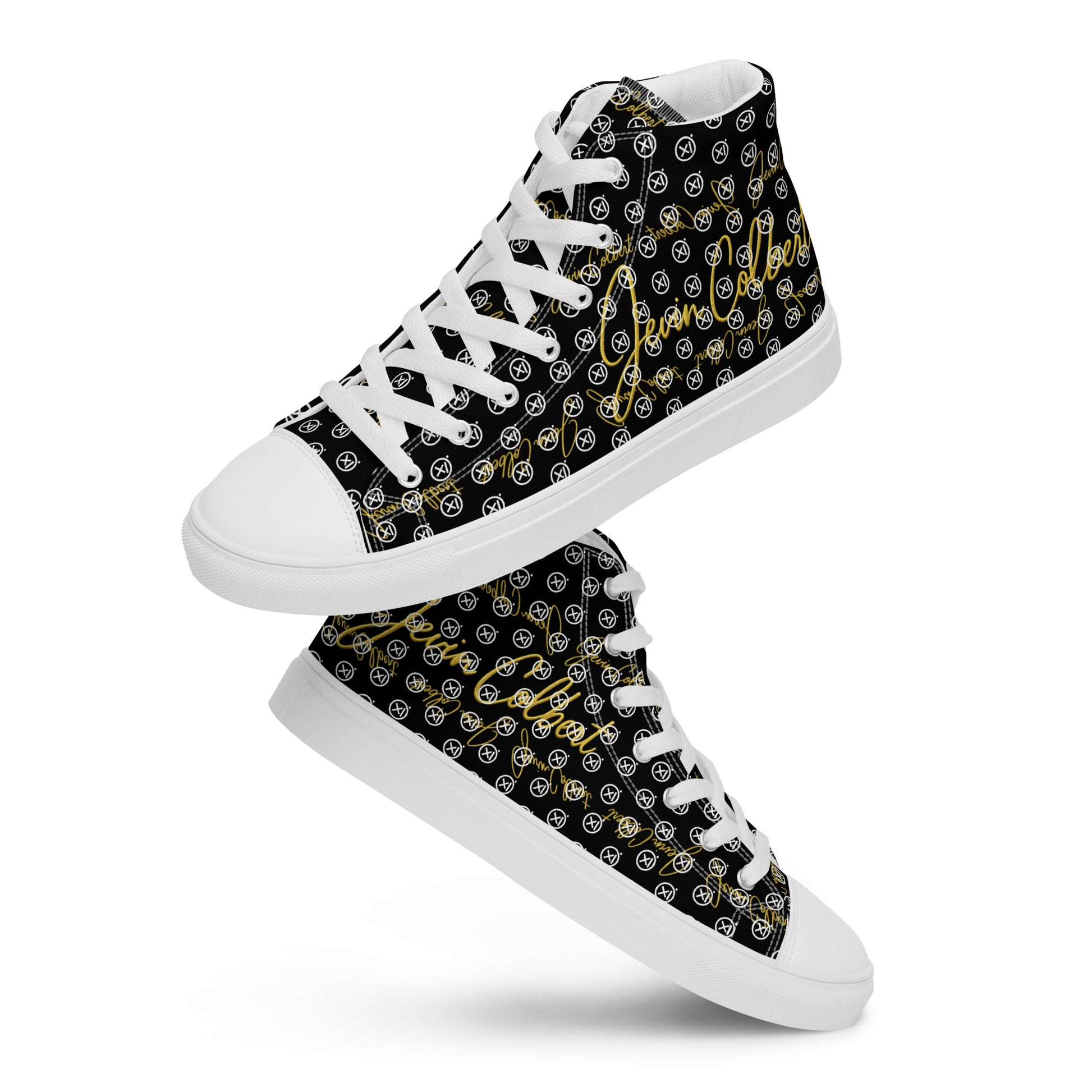 Black high-top canvas sneaker with white laces and gold-and-white monogram pattern