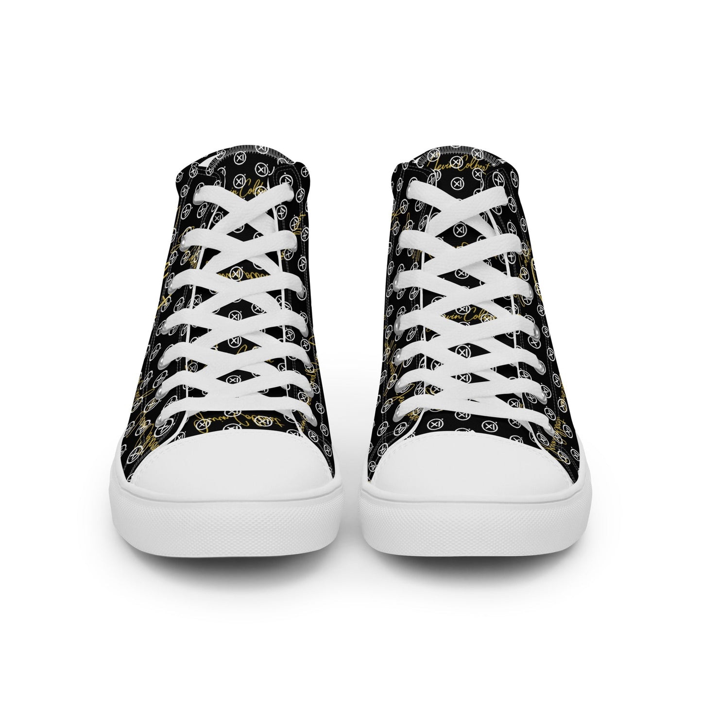 Black high-top canvas sneaker with monogram print and white lace-up front