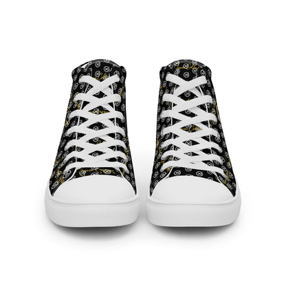 Black high-top canvas sneaker with monogram print and white lace-up front