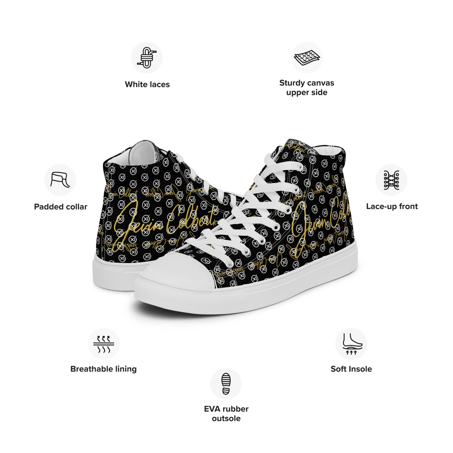 Black high-top canvas sneaker with white laces, padded collar, and monogram pattern upper