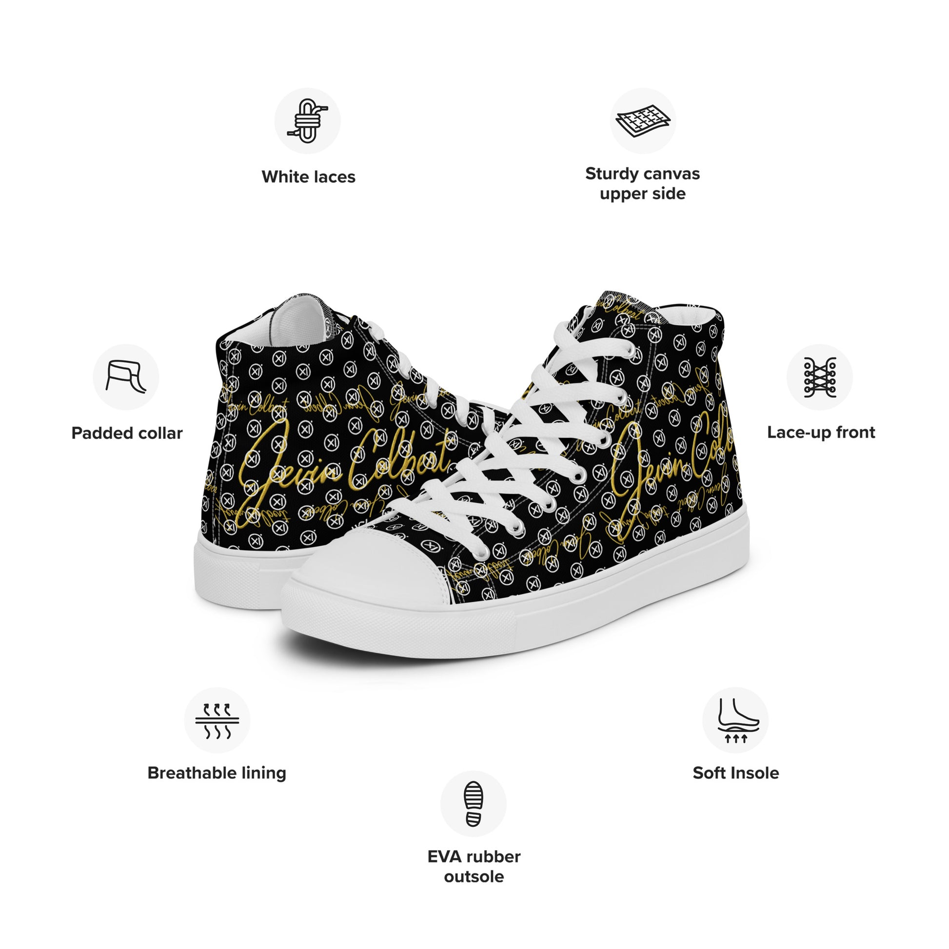 Black high-top canvas sneaker with white laces, padded collar, and monogram pattern upper
