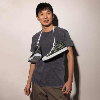 Black high-top canvas sneaker with white laces and monogram pattern on side