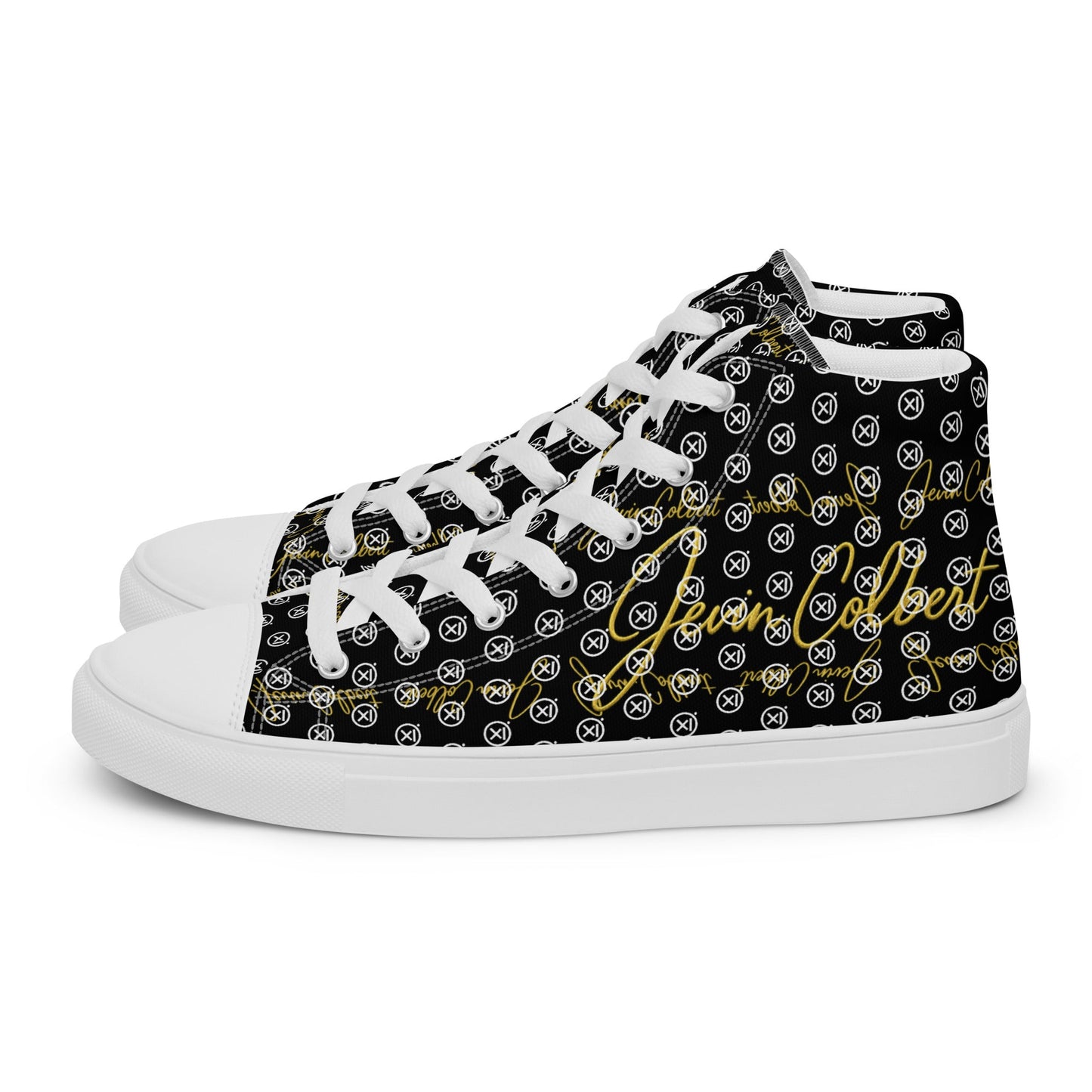 Black high-top canvas sneaker with monogram print, white laces, thick white sole