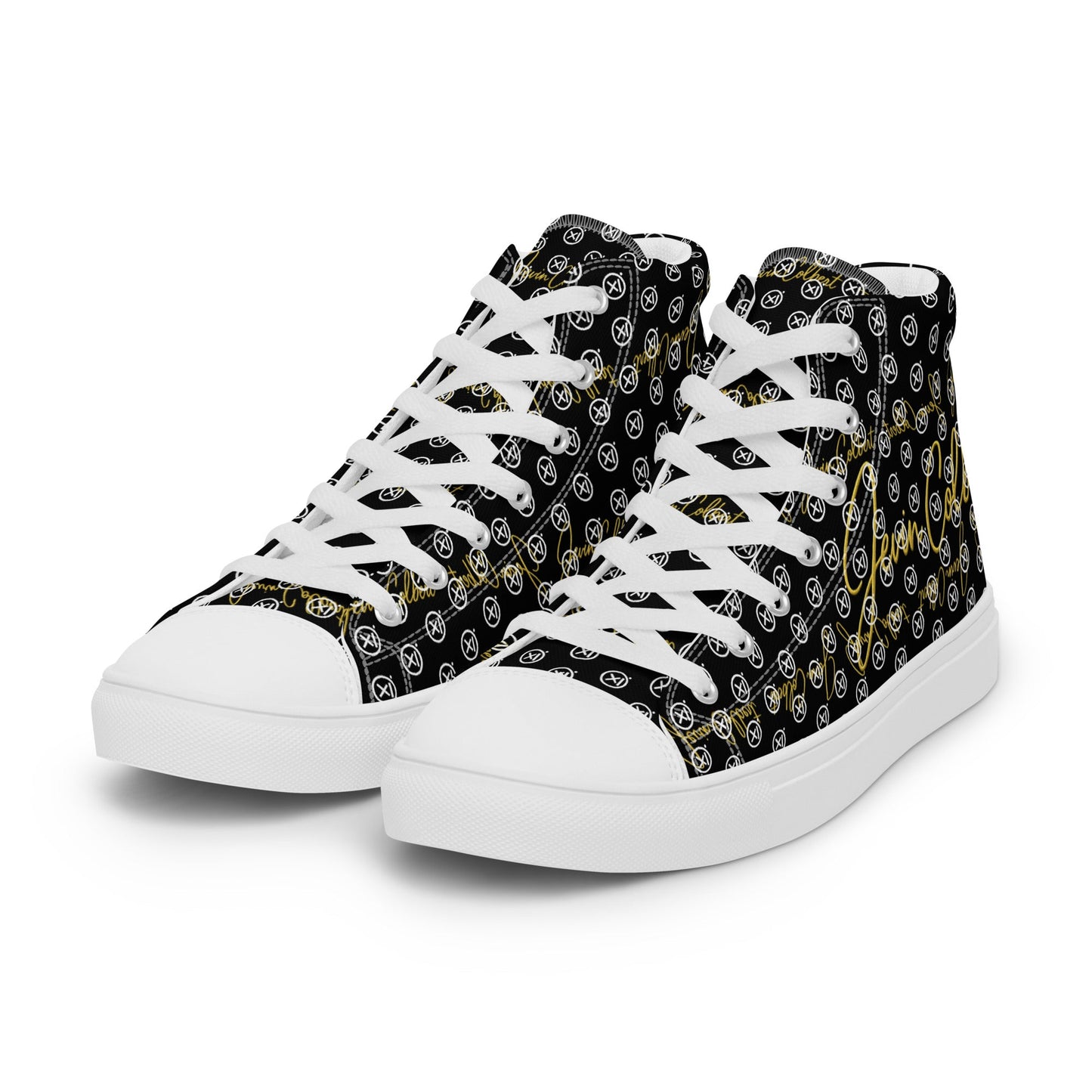 Black high-top canvas sneaker with monogram print, white eyelets and laces