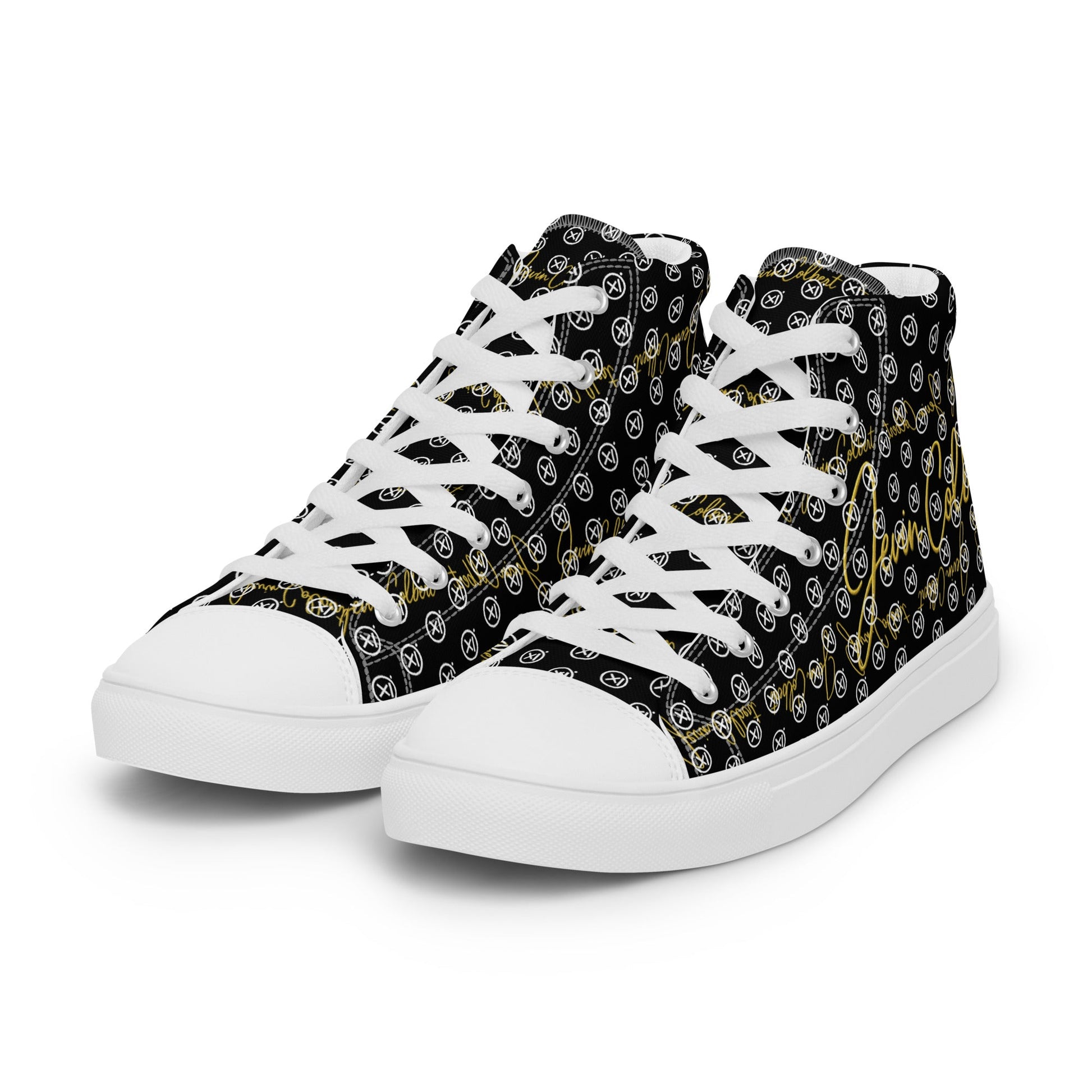 Black high-top canvas sneaker with monogram print, white eyelets and laces