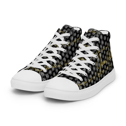 Black high-top canvas sneaker with monogram print, white eyelets and laces