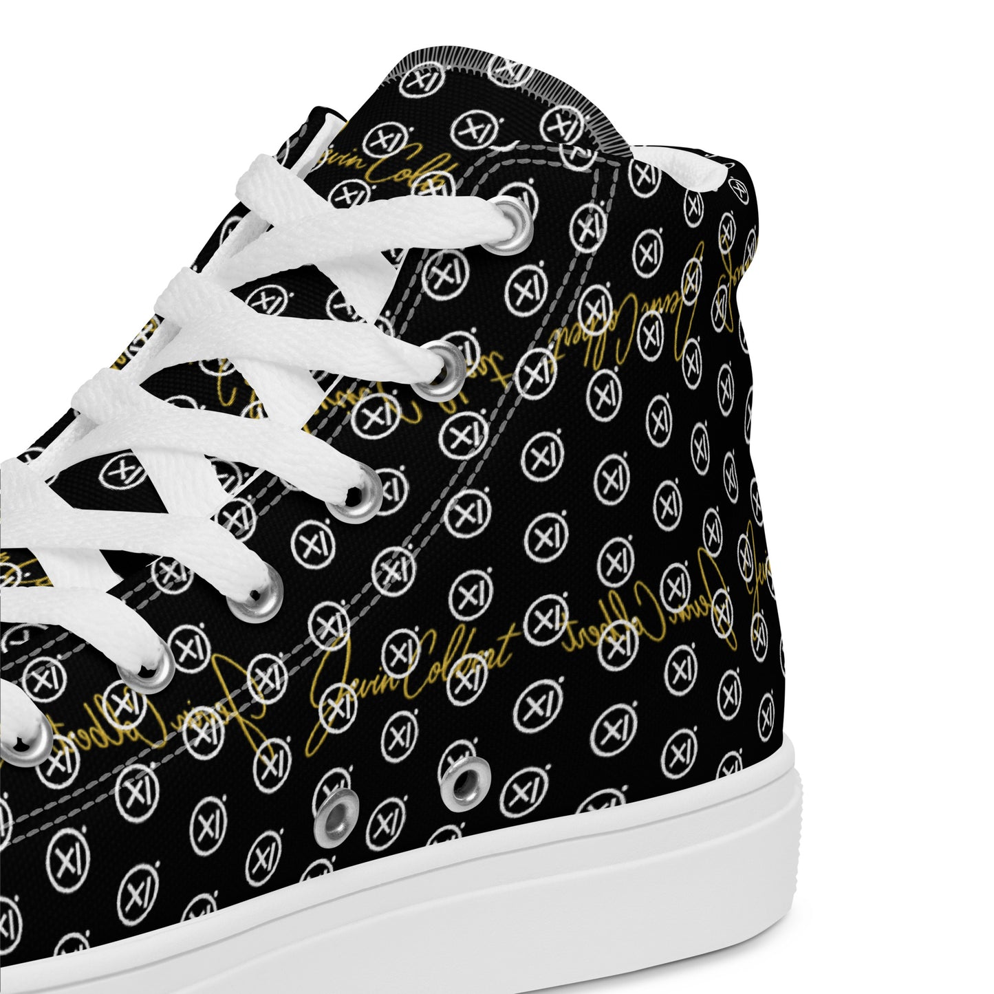 Black high-top canvas sneaker with white laces and repeating gold monogram print