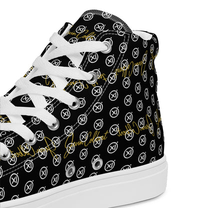 Black high-top canvas sneaker with white laces and repeating gold monogram print