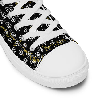 Black high-top canvas sneaker toe and laces, white sole with monogram fabric