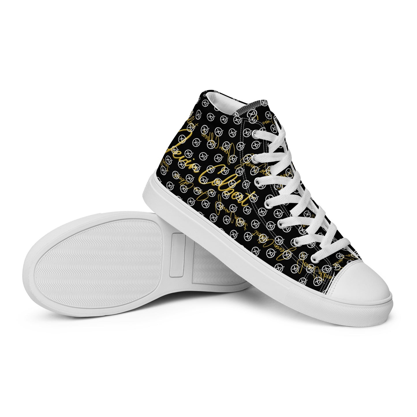 Black high-top canvas sneaker with white laces, side monogram pattern, white rubber sole