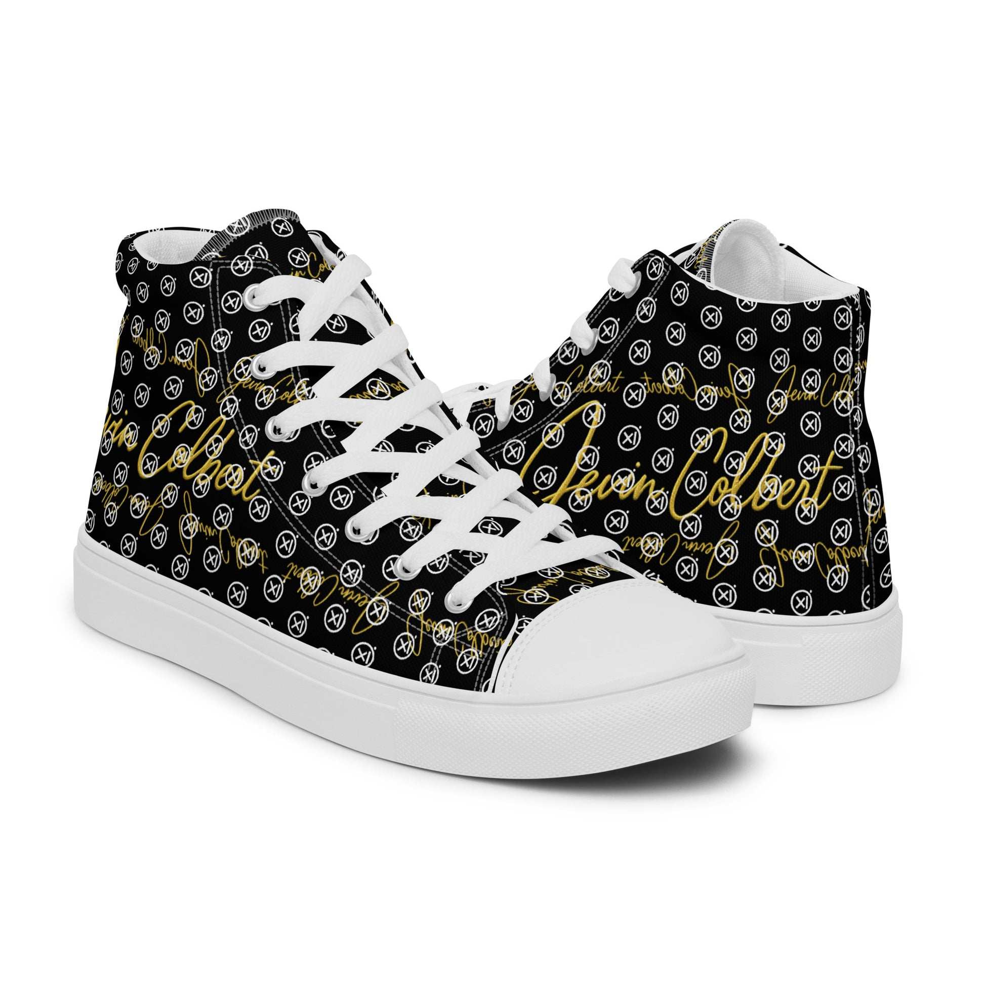Pair of black high-top canvas sneakers with white laces and monogram print, white soles