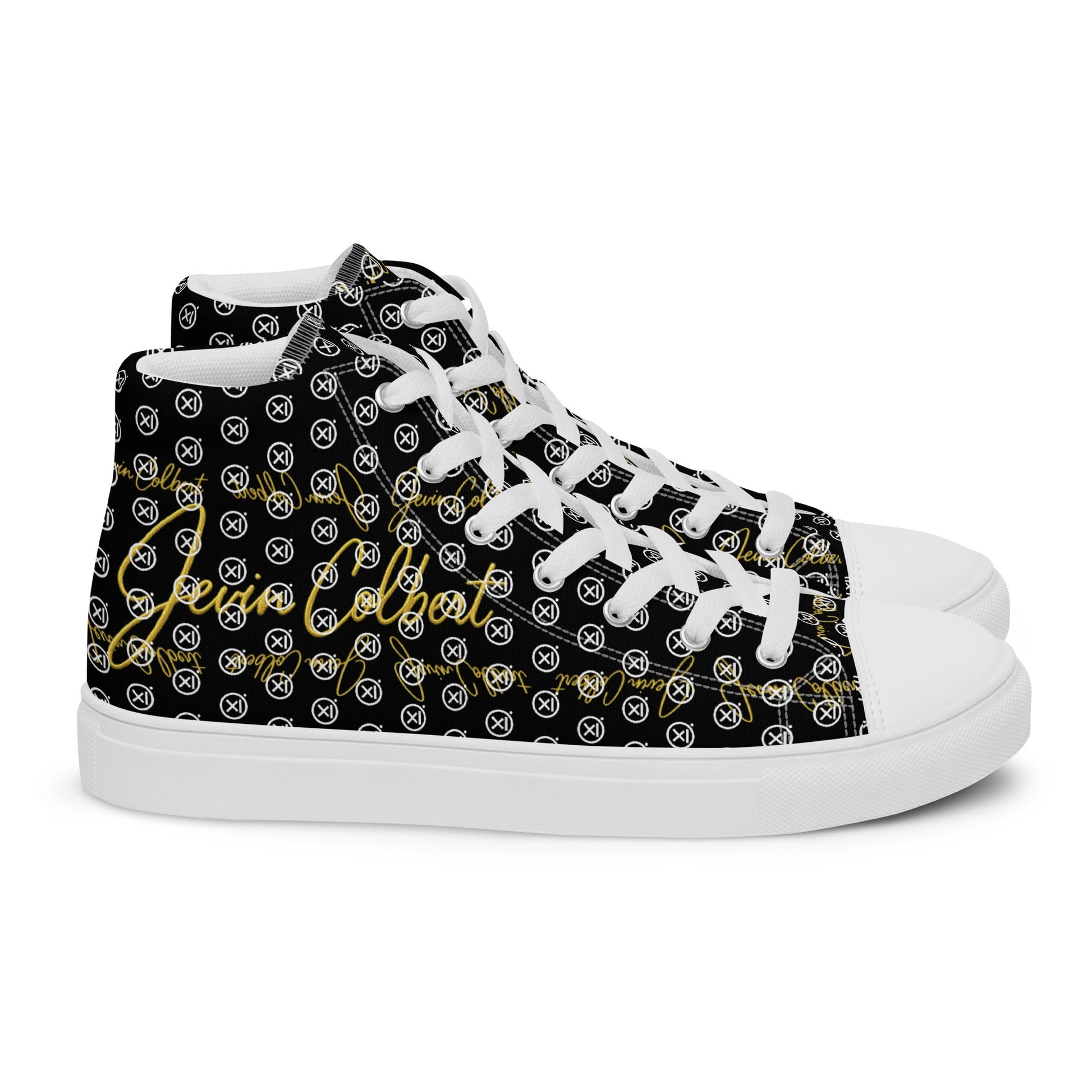 Black high-top canvas sneaker with monogram print and white trim on side panel