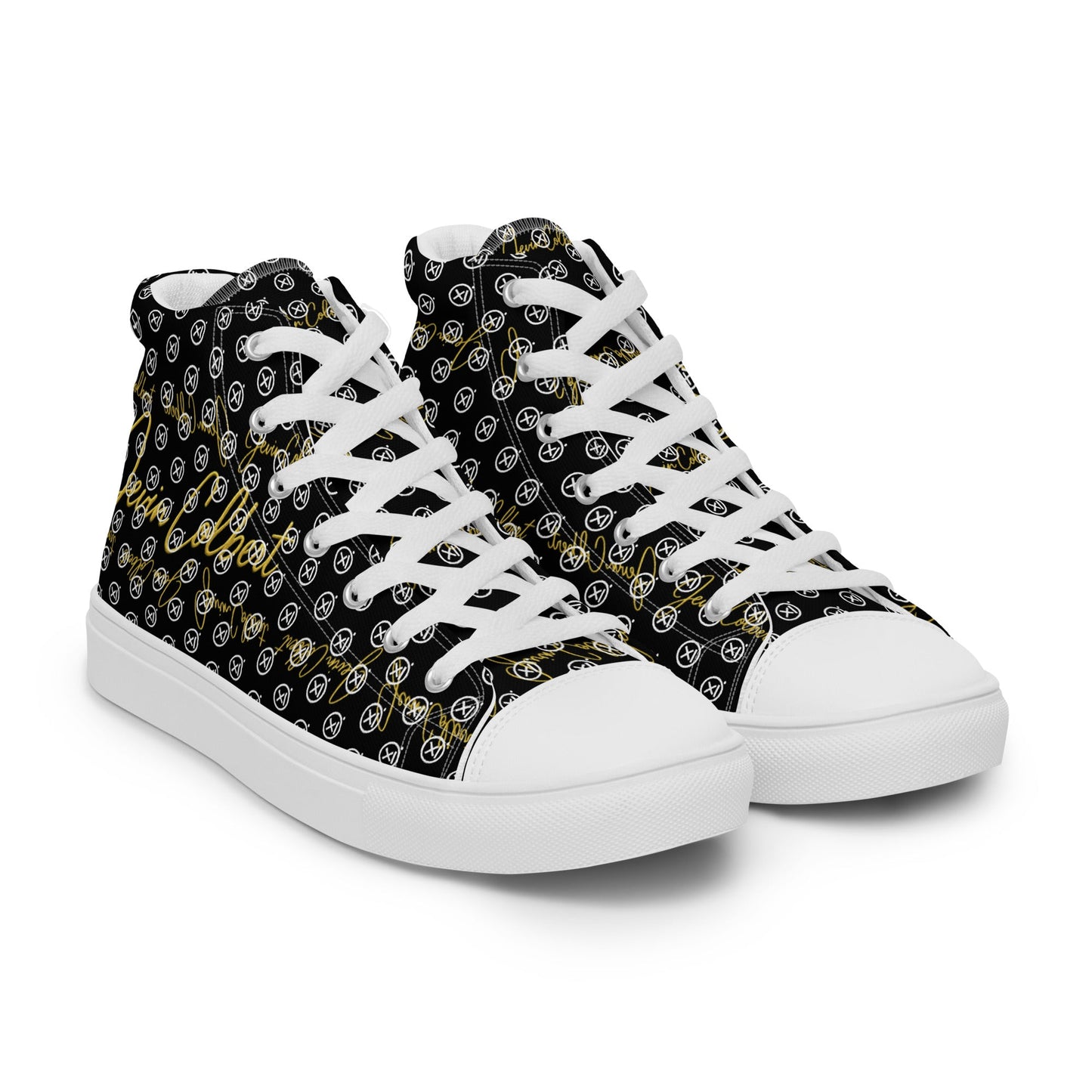 Black high-top canvas sneakers with monogram pattern, white laces and white toe caps