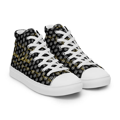 Black high-top canvas sneakers with monogram pattern, white laces and white toe caps