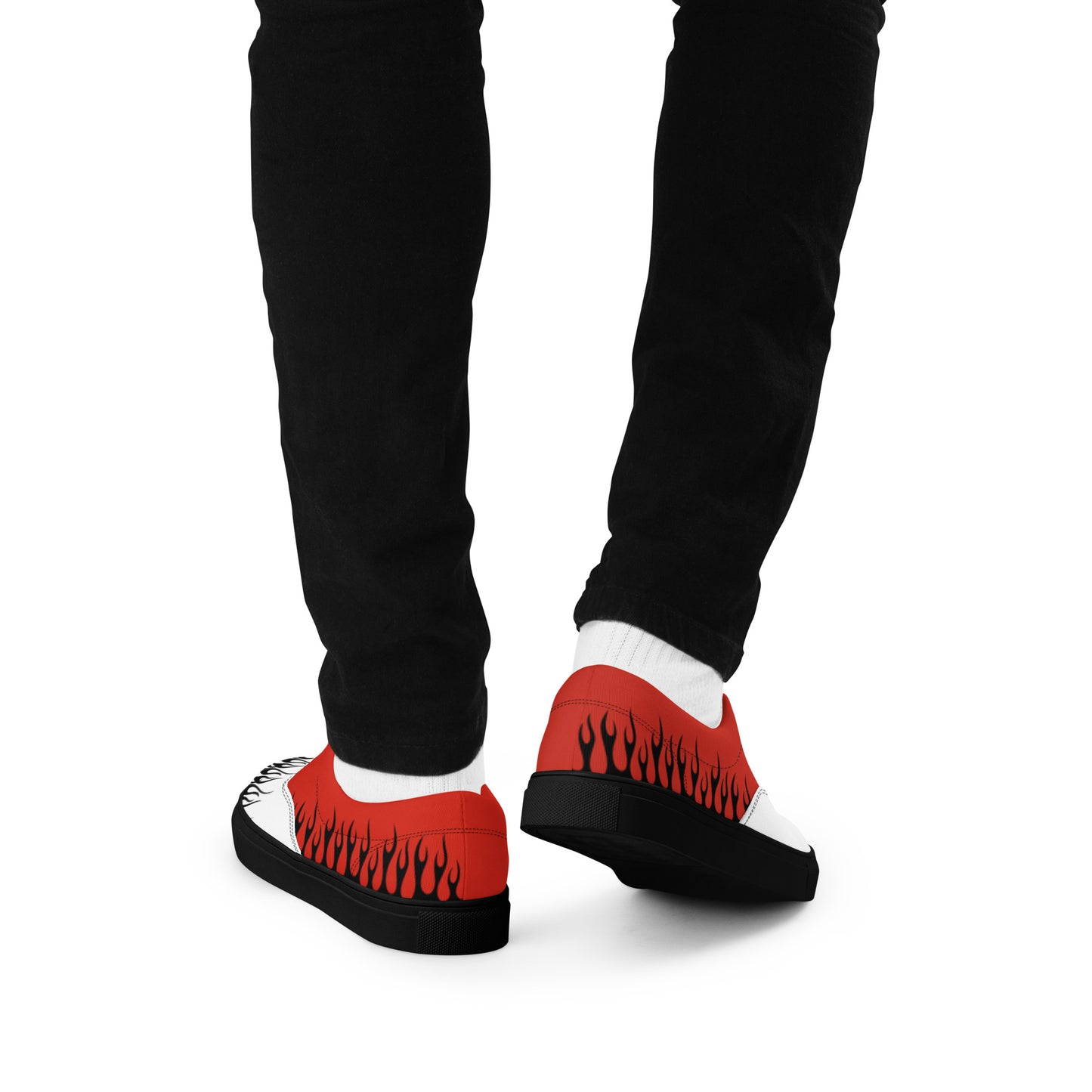 Rear view of flame-print sneakers with red flame heel band and black outsole