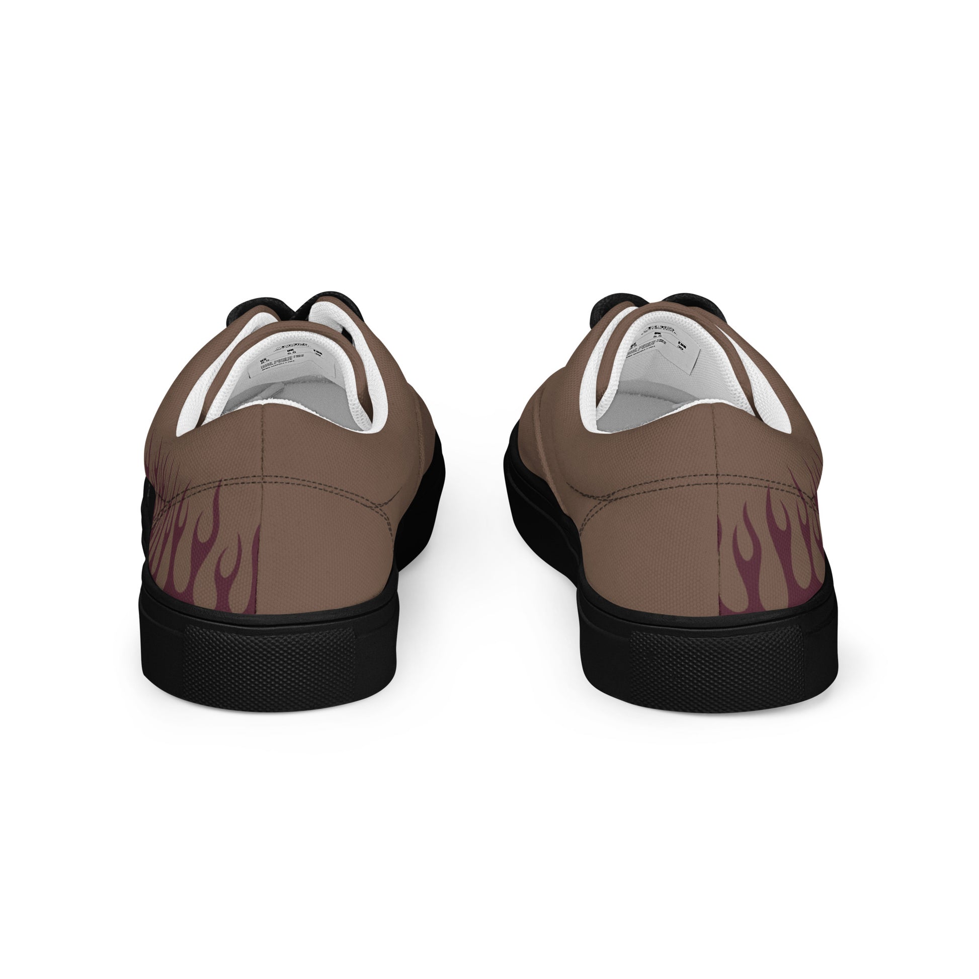 Canvas sneakers heel view with brown upper, burgundy flame print, black laces, black rubber heel