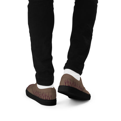 Low-top canvas sneaker, dark brown with burgundy flame print, black rubber sole