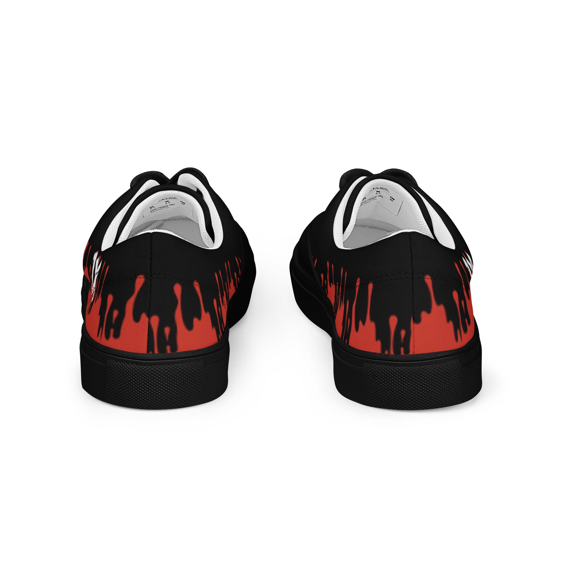 Canvas sneakers heel view, black back with red flame print, white sock lining