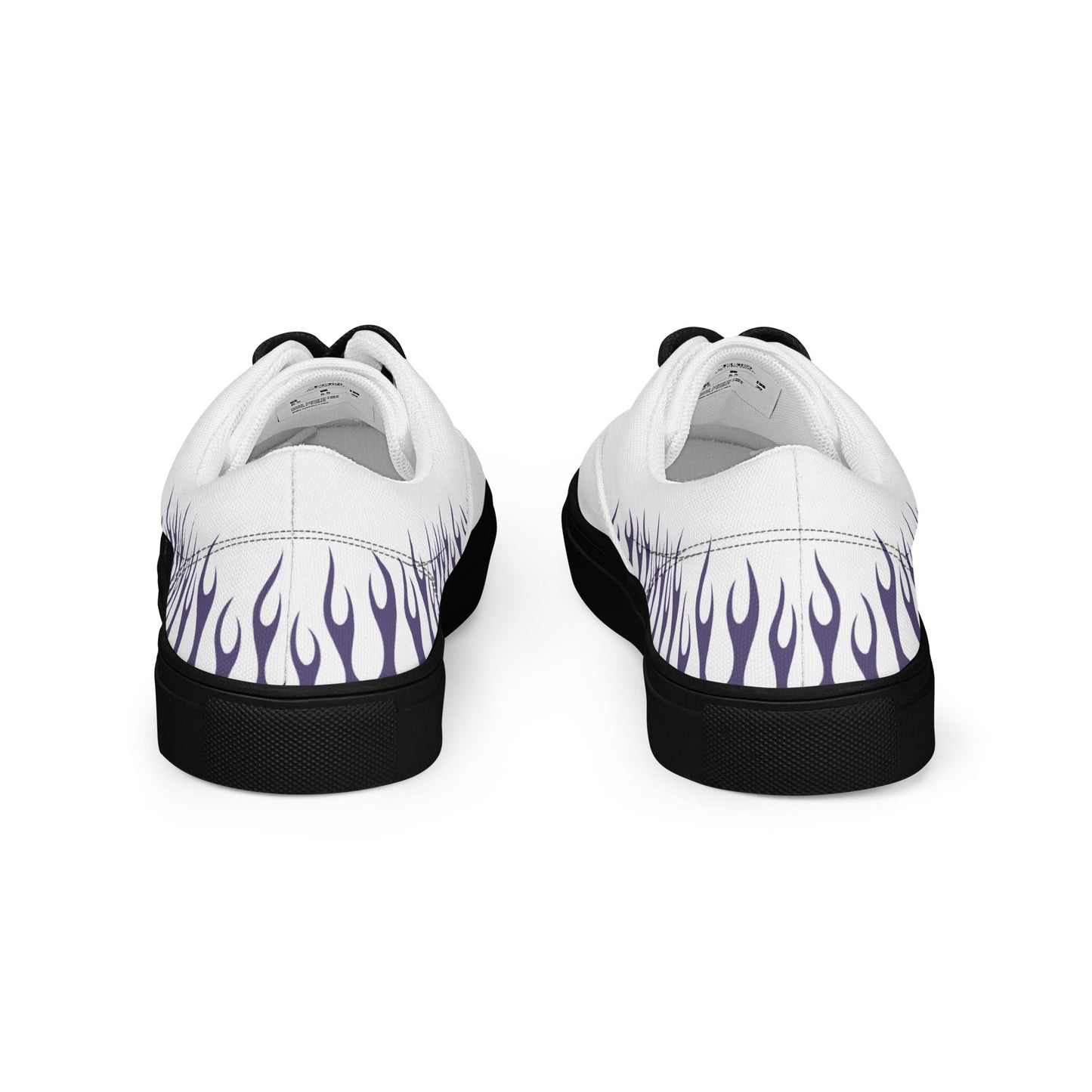 White canvas sneakers with purple flame heel print, black heel tabs and sole.