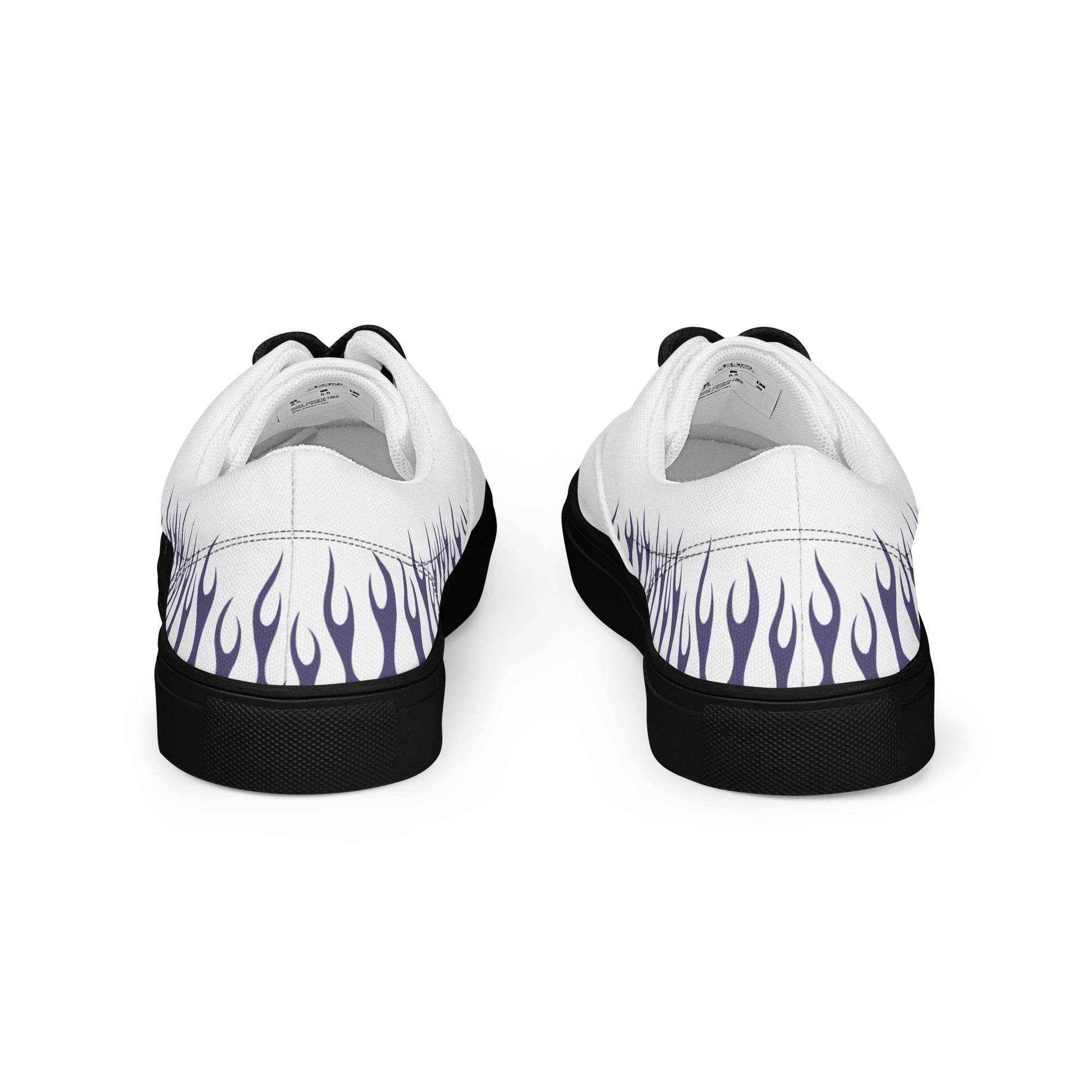 White canvas sneakers with purple flame heel print, black heel tabs and sole.