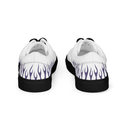 White canvas sneakers with purple flame heel print, black heel tabs and sole.