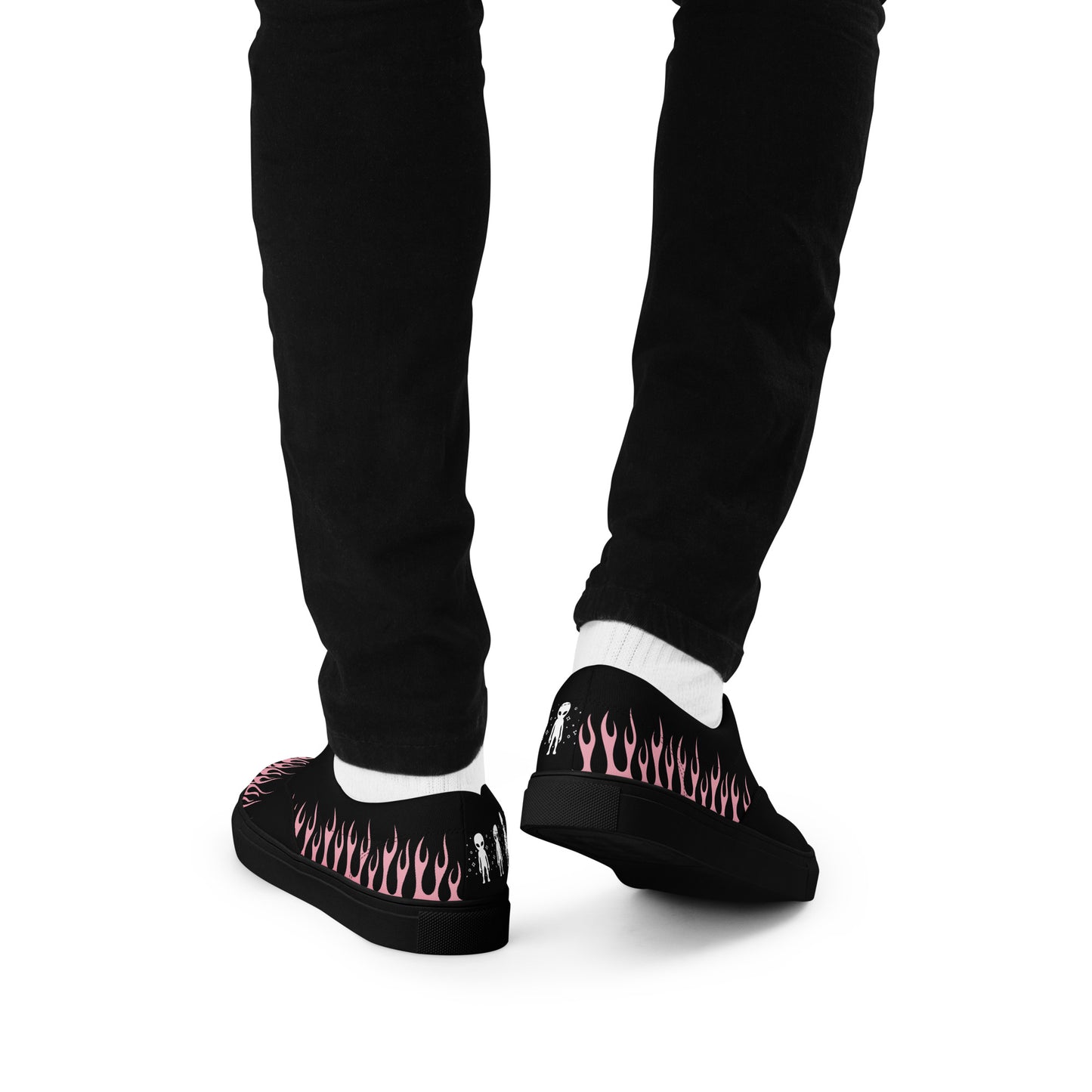 Black sneakers with pink flame side and toe graphics, lace-up front, white sock cuffs