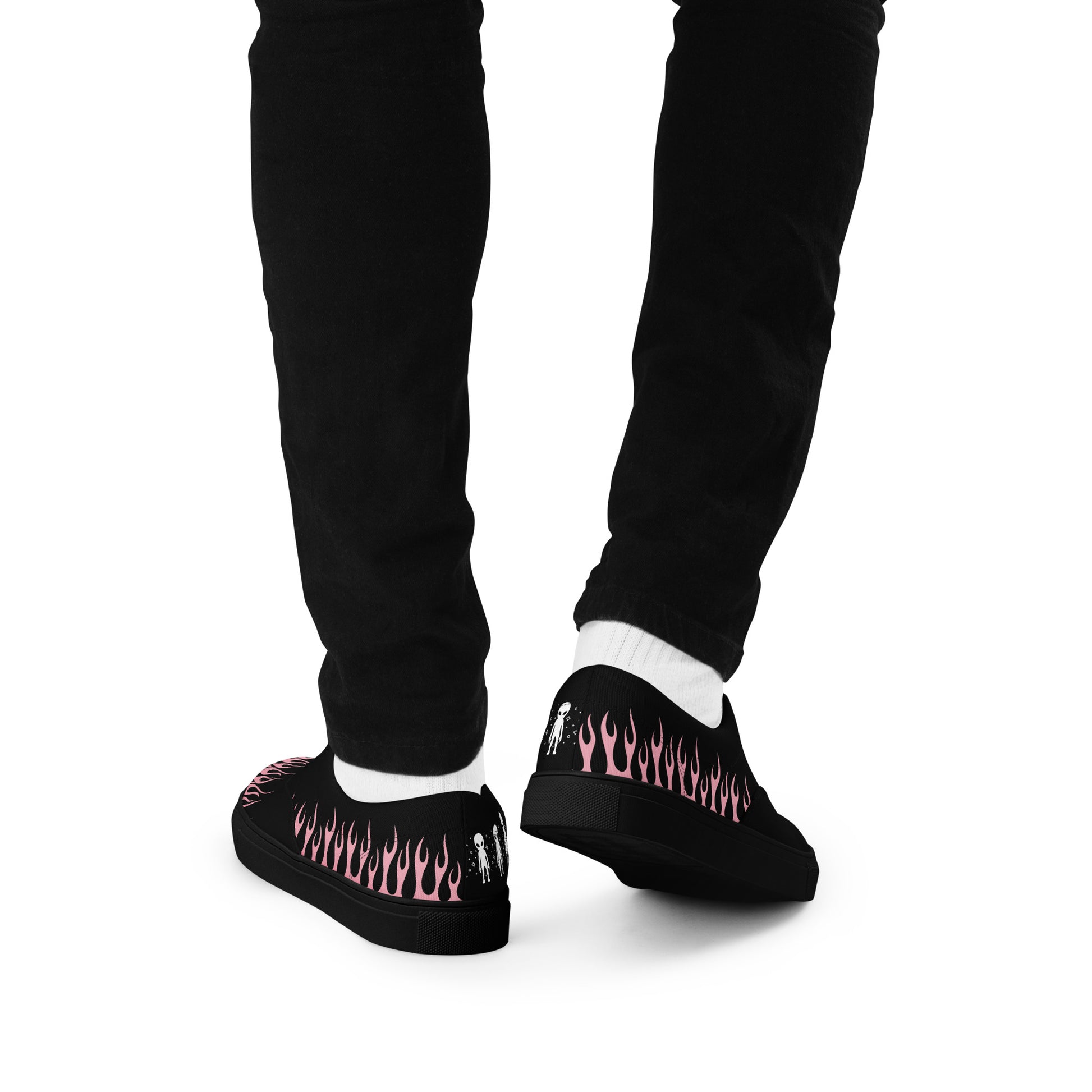 Black sneakers with pink flame side and toe graphics, lace-up front, white sock cuffs