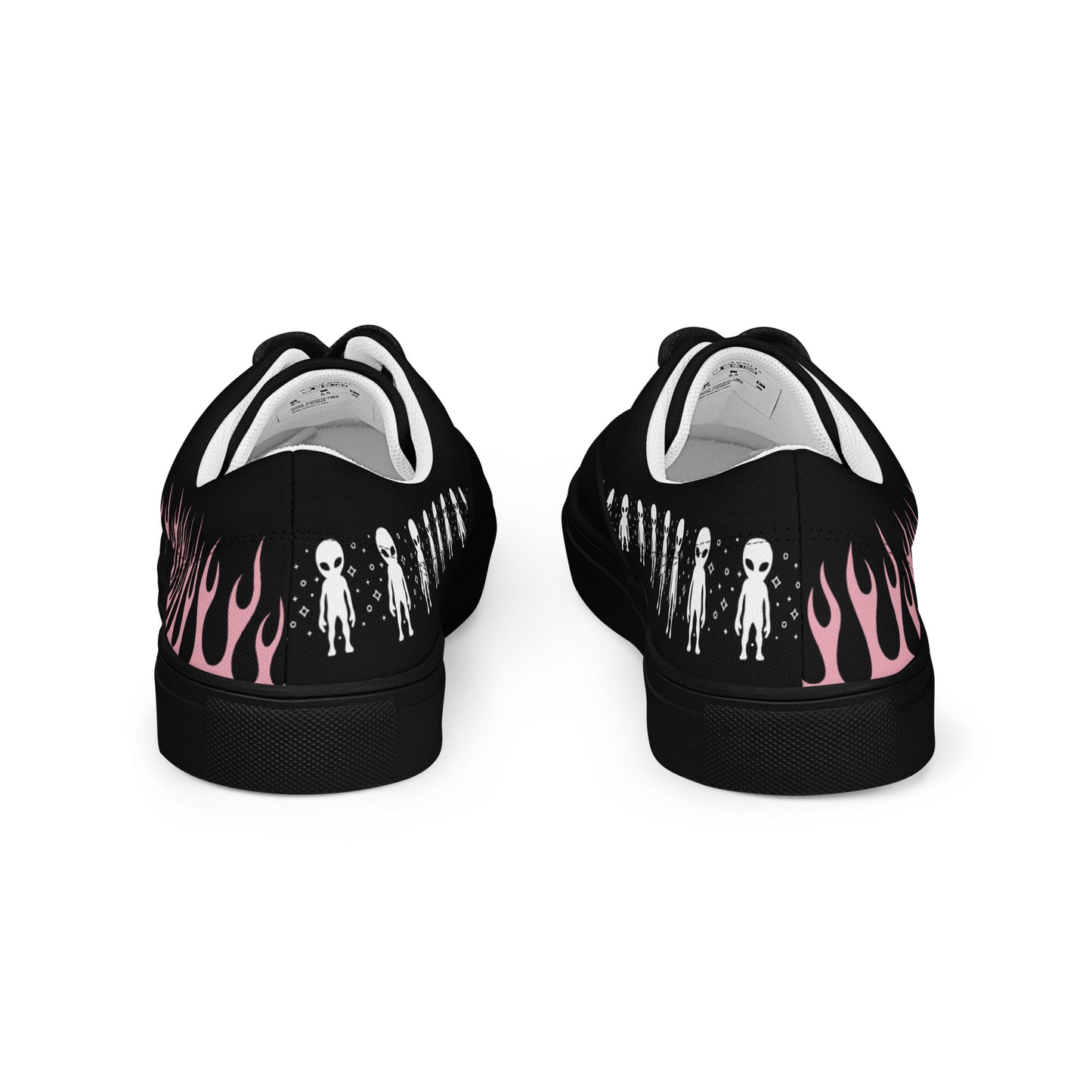 Black canvas sneaker heel view with pink flame print and white collar lining