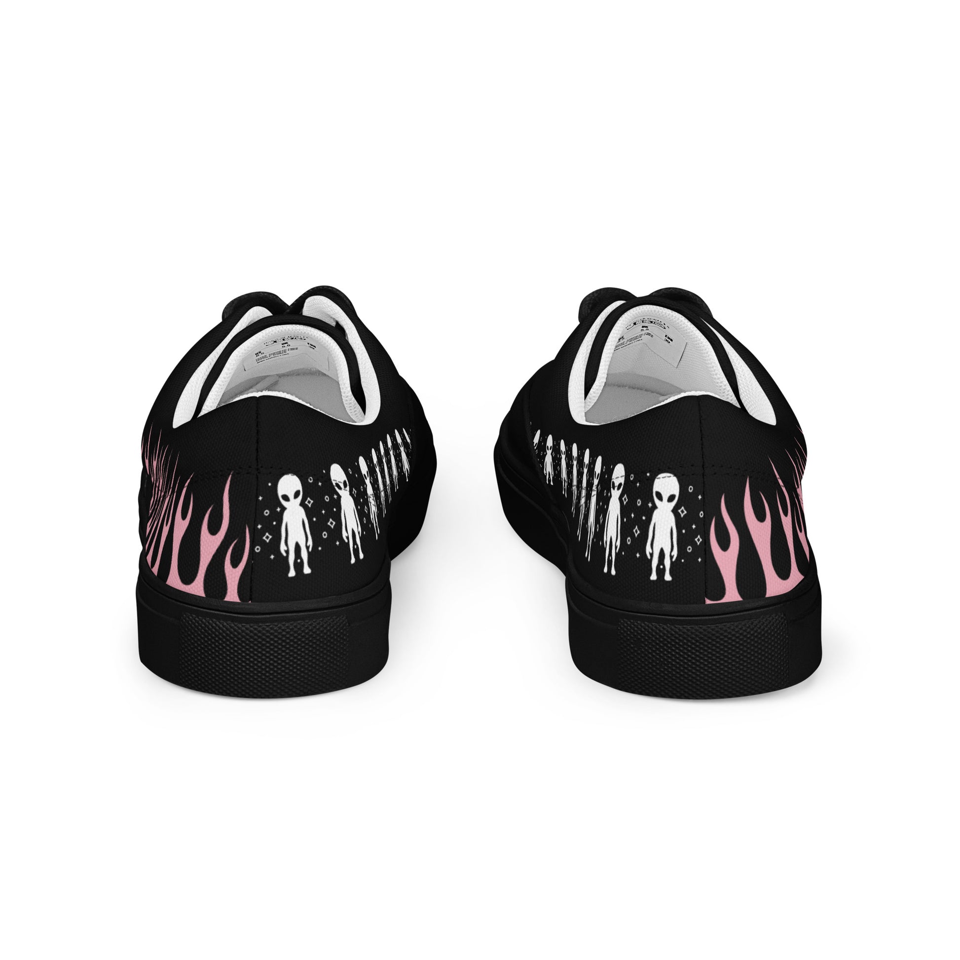 Black canvas sneaker heel view with pink flame print and white collar lining