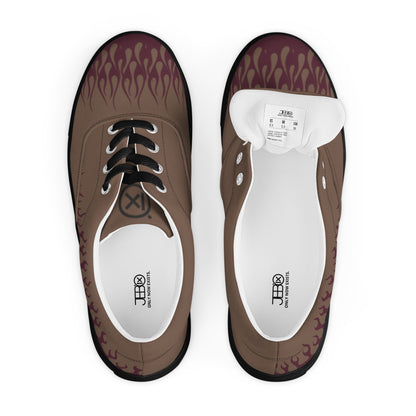 Canvas sneakers top view with brown upper, burgundy flame print, black laces, black sole