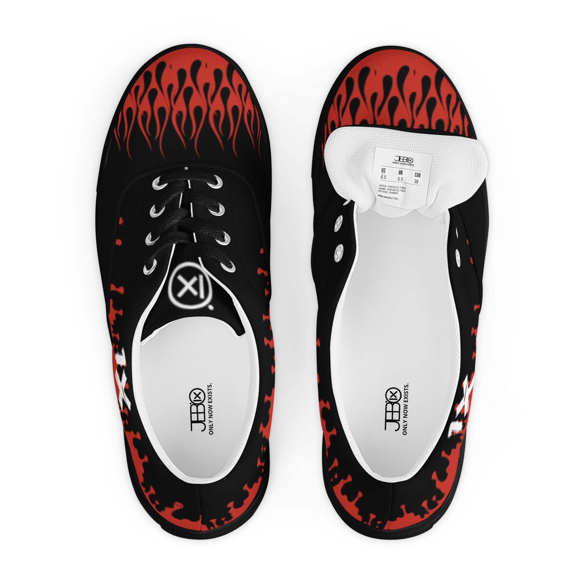 Canvas sneakers top and insole view, black with red flame graphic, white interior label