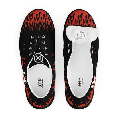 Canvas sneakers top and insole view, black with red flame graphic, white interior label