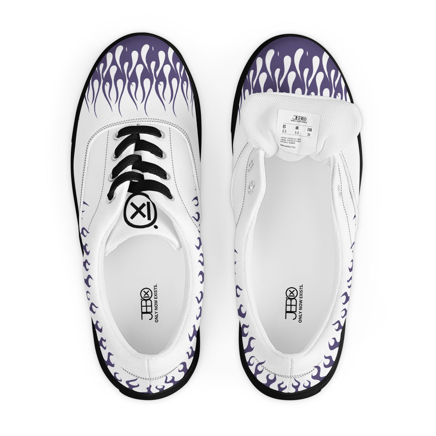 White canvas sneaker with violet flame print, black laces, black-trimmed sole, top view.