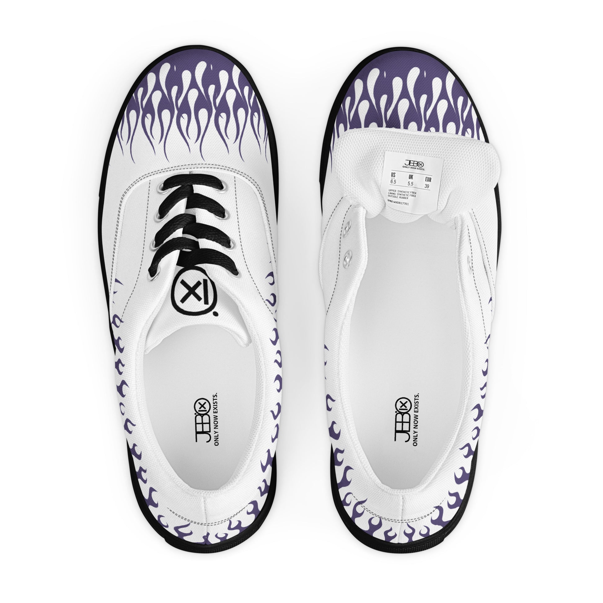 White canvas sneaker with violet flame print, black laces, black-trimmed sole, top view.