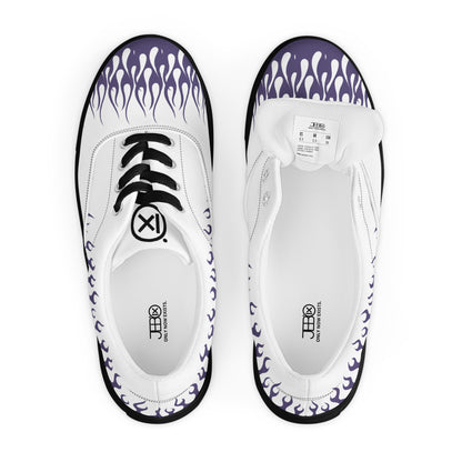 White canvas sneaker with violet flame print, black laces, black-trimmed sole, top view.