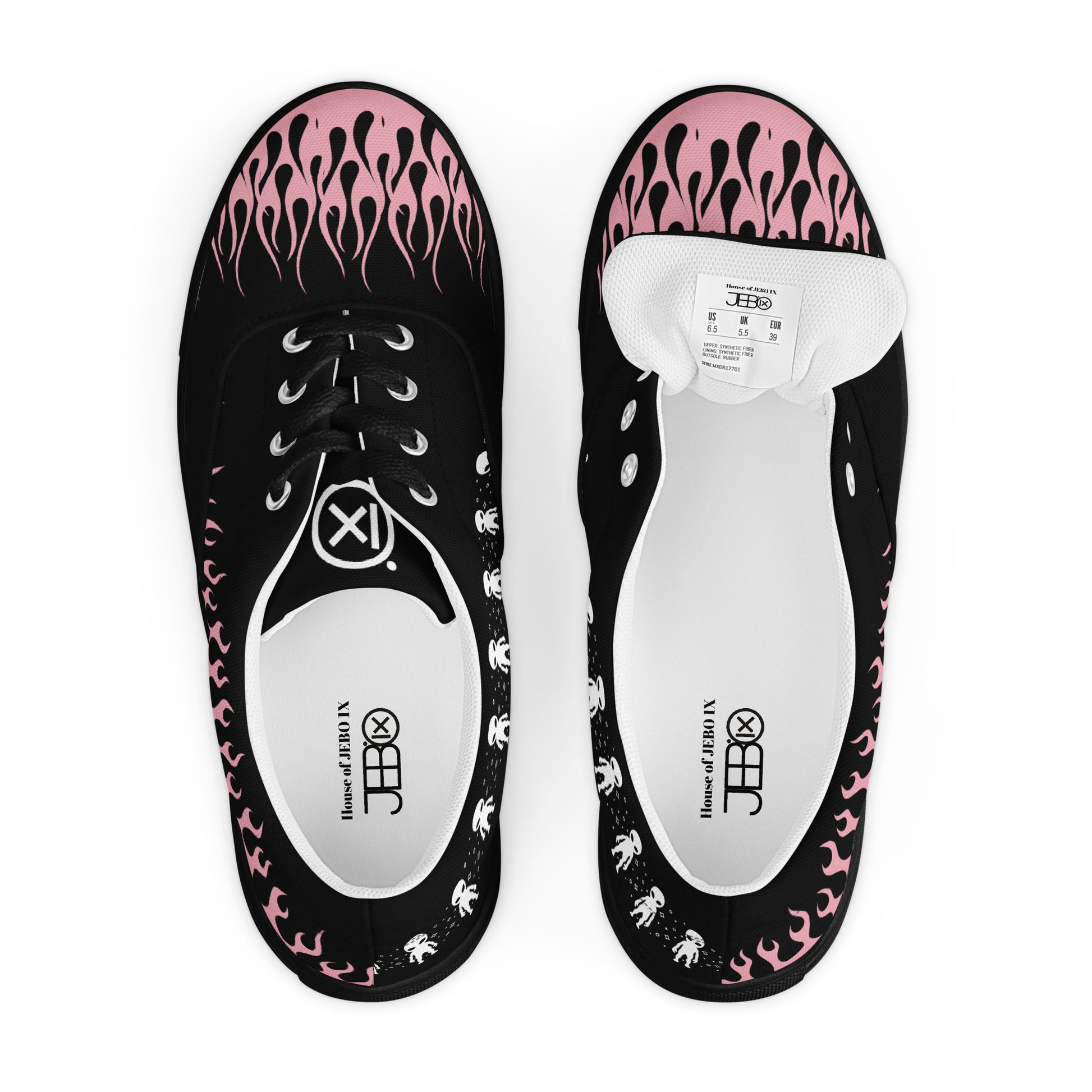 Black canvas sneaker pair top view with pink flame pattern and white tongue labels
