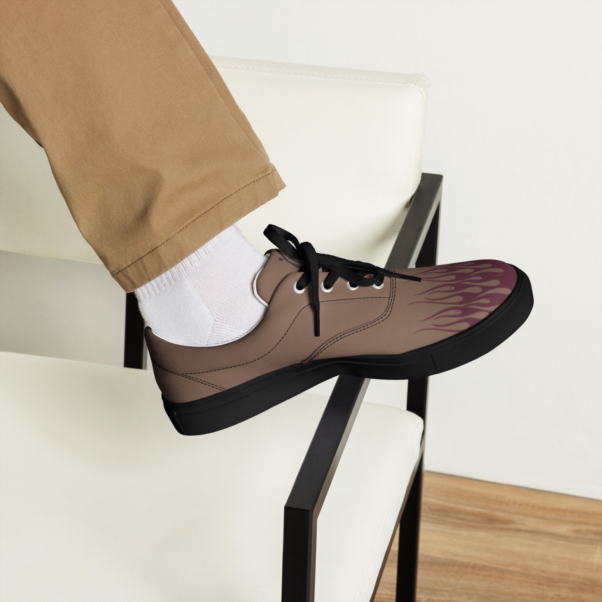 Brown canvas sneaker with burgundy flame graphic, black laces, black vulcanized sole