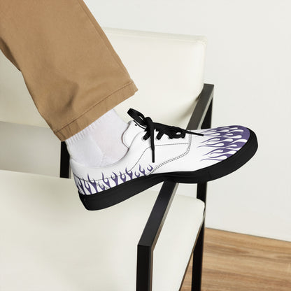 White canvas sneaker with violet flame print, black-trimmed sole, black lace-up, close side view.