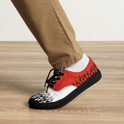 Canvas sneaker red upper with white toe panel, black flame print, black rubber sole