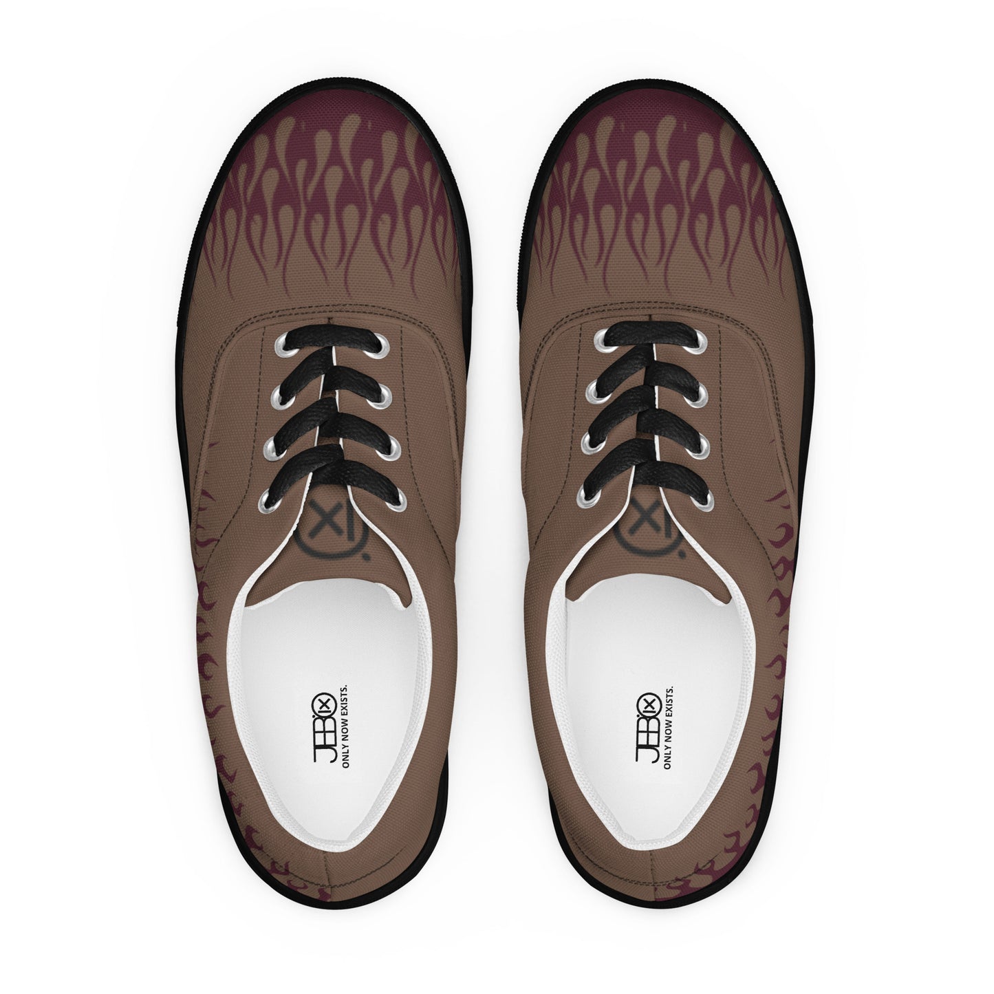 Canvas sneakers front view with brown upper, burgundy flame print, black laces, dark rubber trim