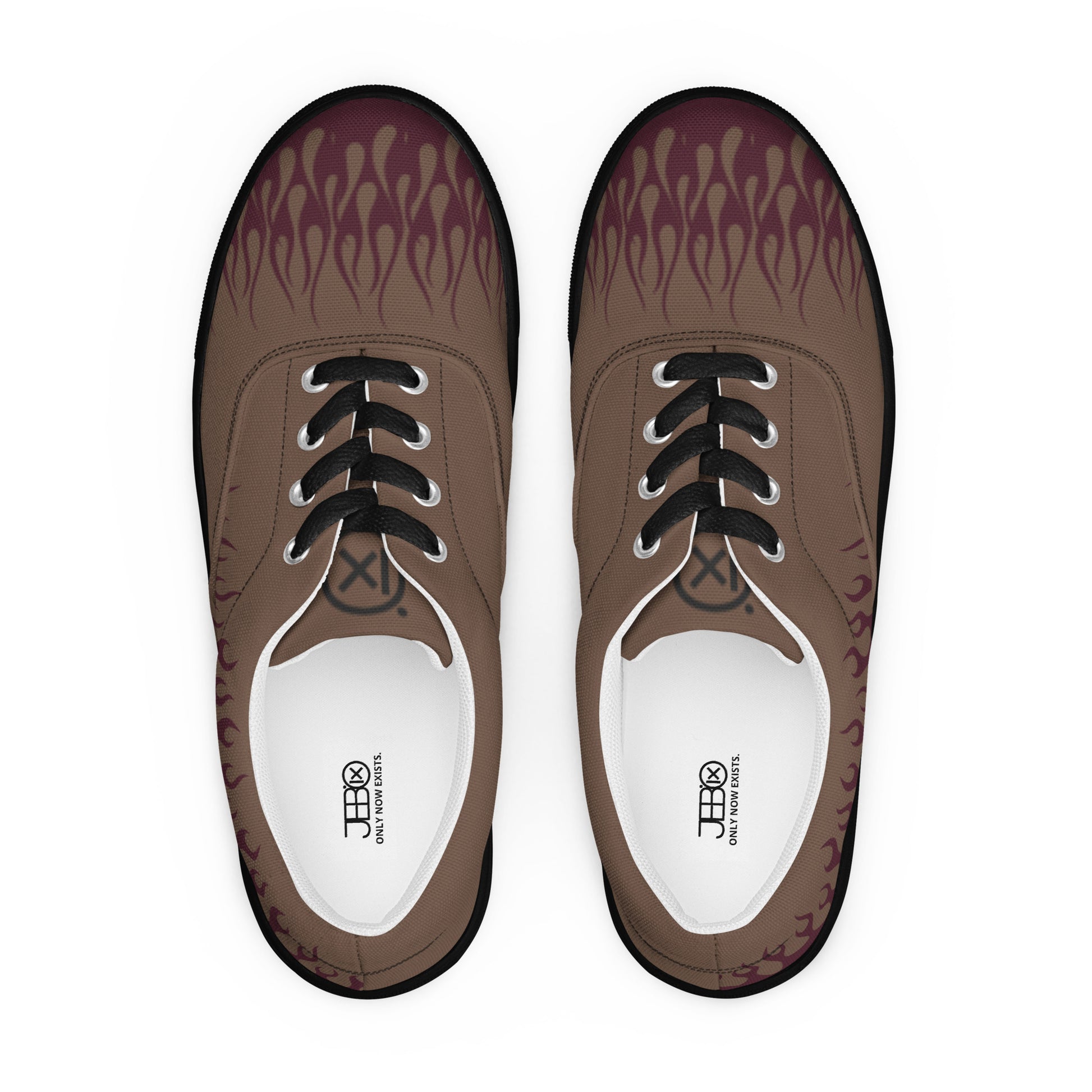 Canvas sneakers front view with brown upper, burgundy flame print, black laces, dark rubber trim