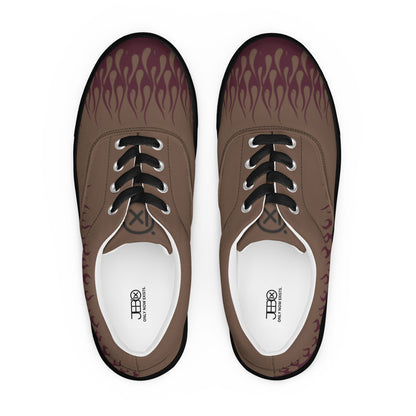 Canvas sneakers front view with brown upper, burgundy flame print, black laces, dark rubber trim