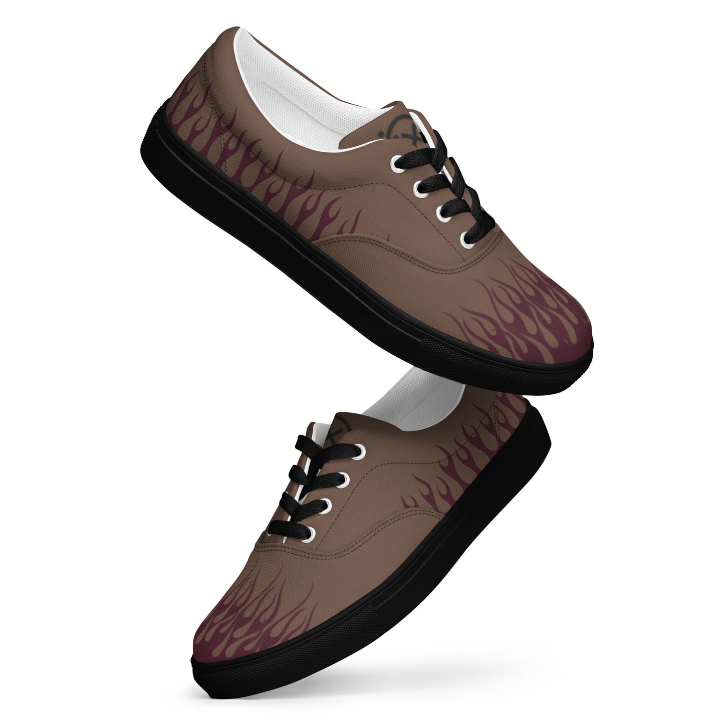 Canvas sneaker with brown upper, burgundy flame print, black laces, black rubber sole