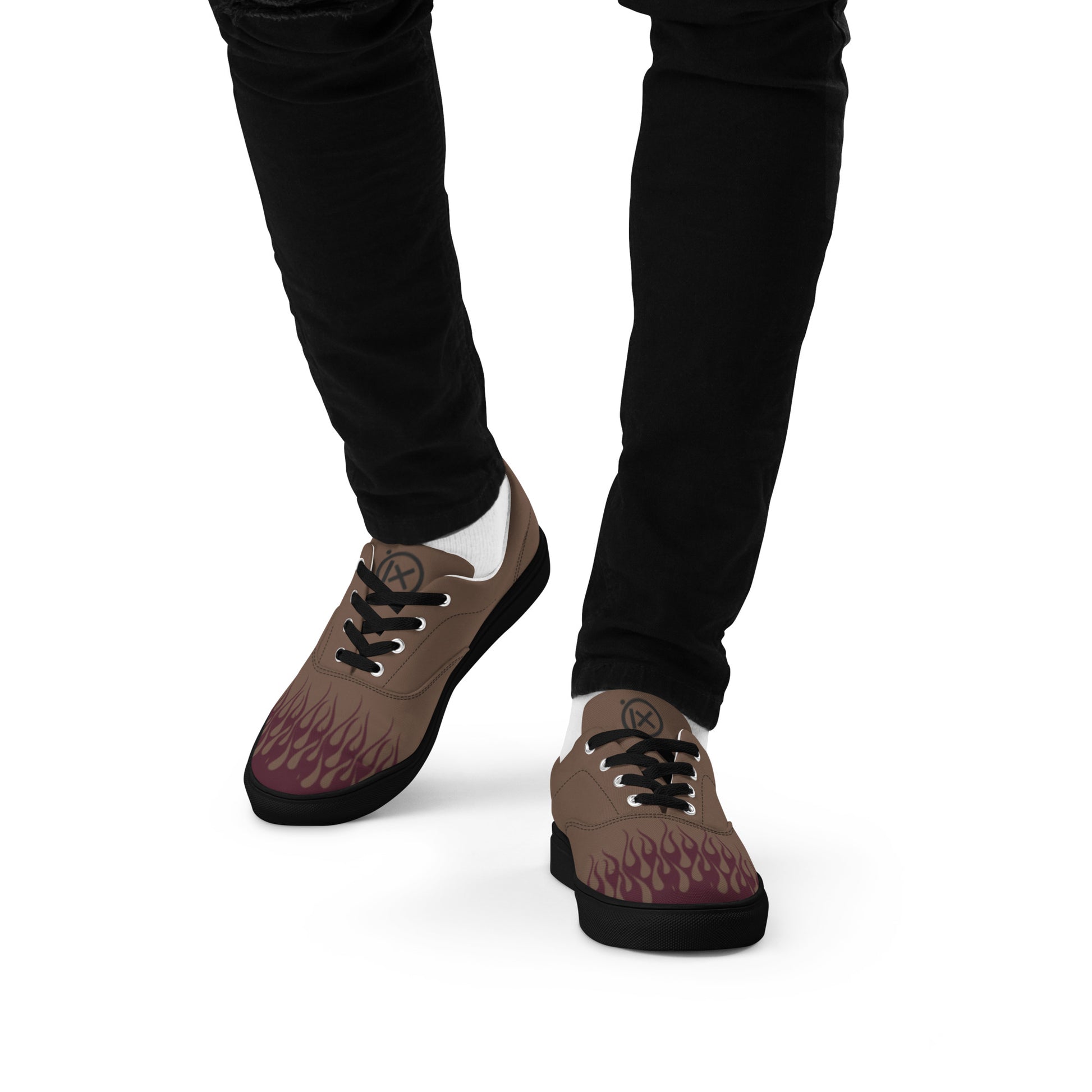 Low-top canvas sneaker, dark brown with burgundy flame print, black sole and white laces