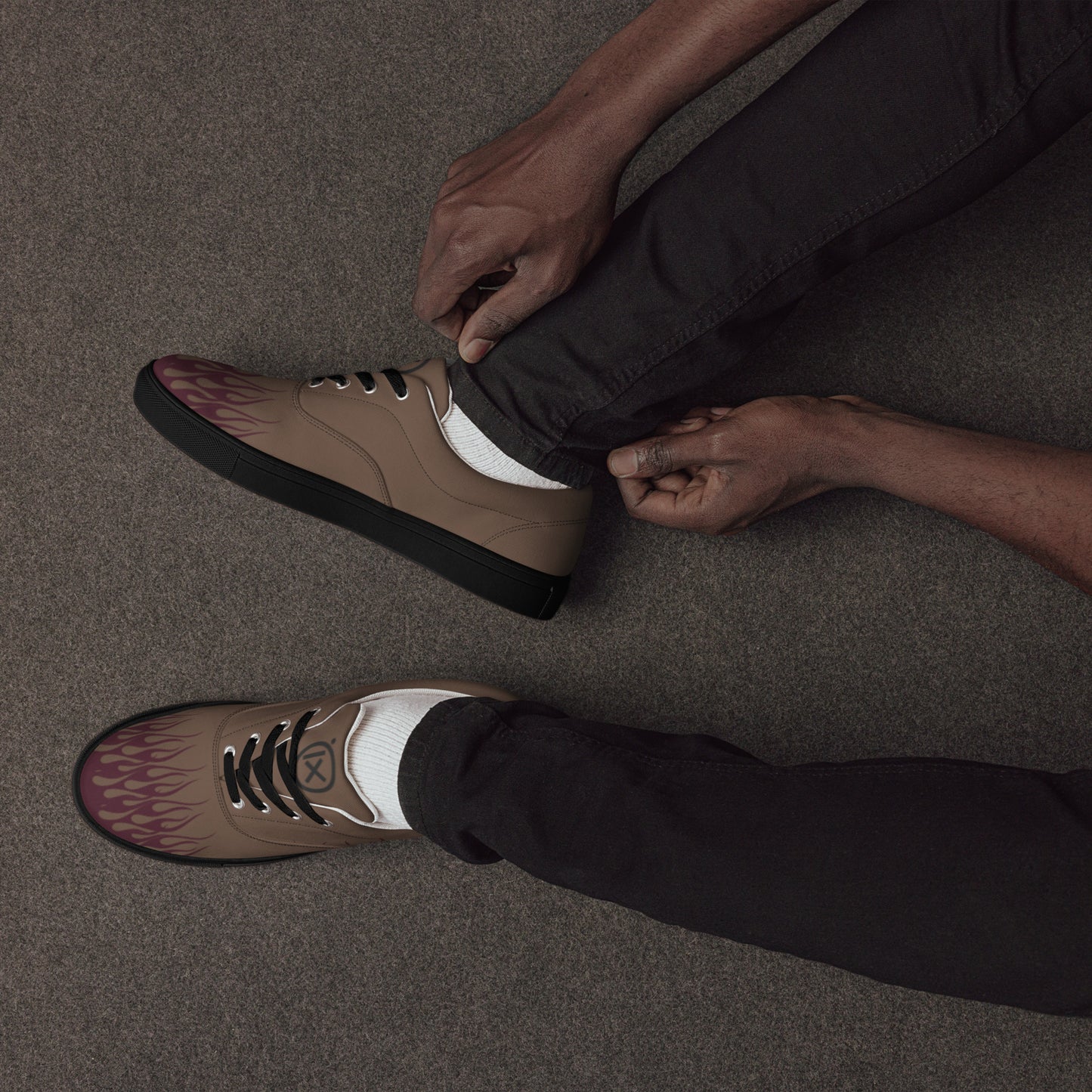 Brown canvas sneakers with burgundy flame graphic, black laces, black sidewall sole