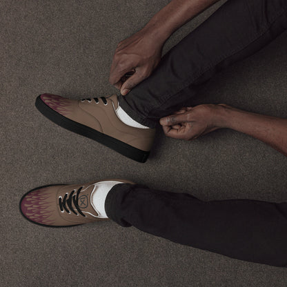 Brown canvas sneakers with burgundy flame graphic, black laces, black sidewall sole