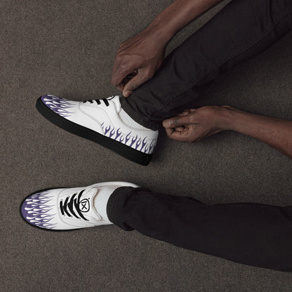 White canvas sneaker with violet flames on side and toe; black laces and sole