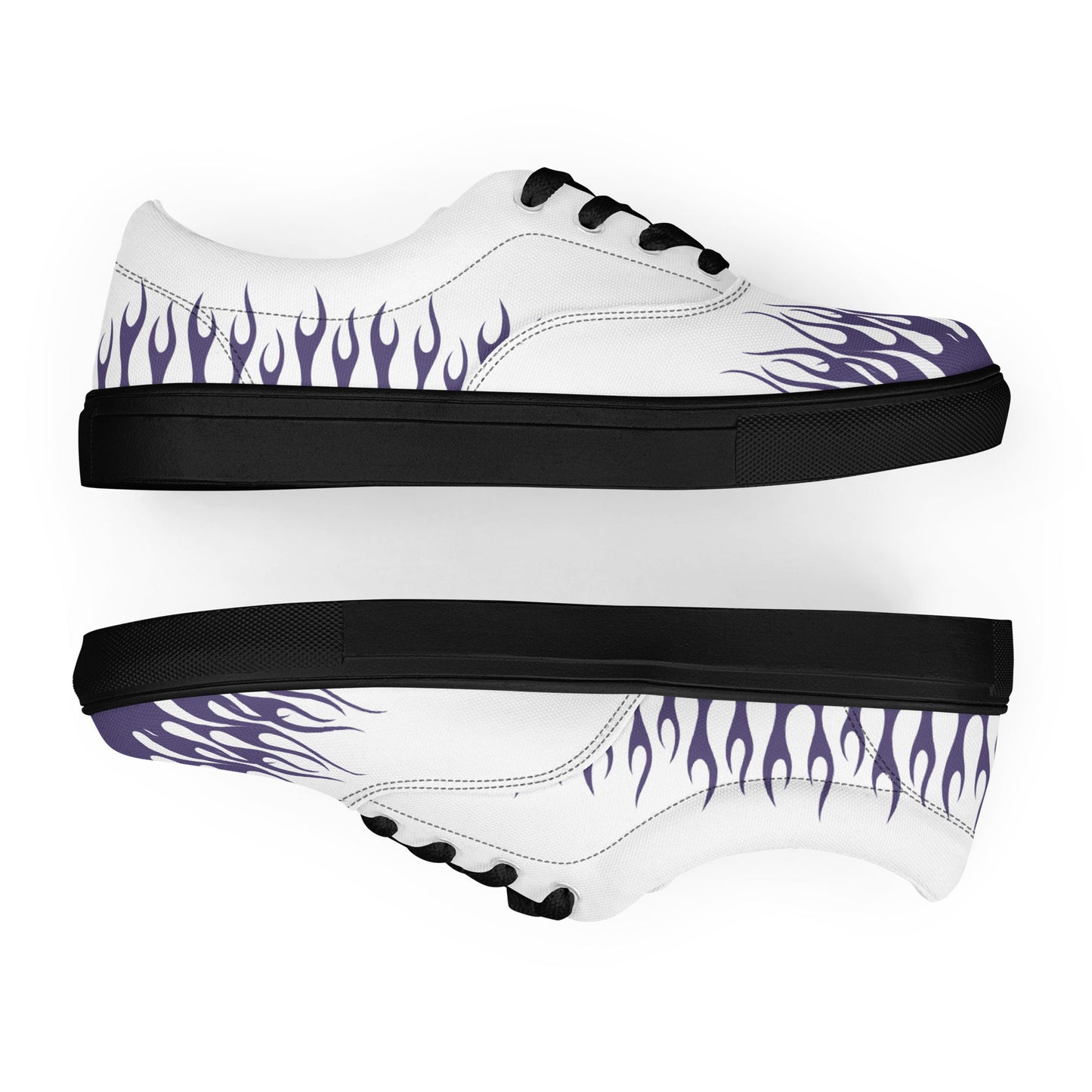 White canvas sneaker with violet flame design, black midsole and textured outsole
